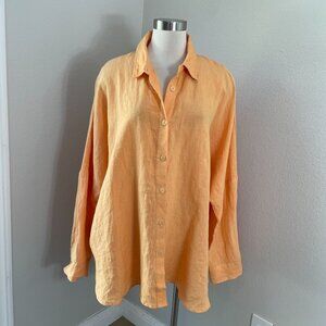 NEW Solai Womens XL Orange‎ 100% Linen Oversized Button Up Shirt Long Sleeve Top